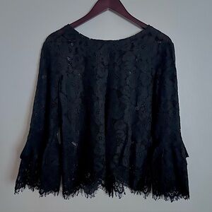 Few Moda | Black Lace Button Front Bell Sleeve Top | M